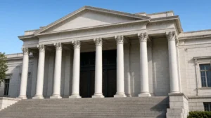 Fachada de prédio público com colunas brancas e escadaria