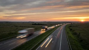 Rodovia duplicada com caminhões e carros ao pôr do sol