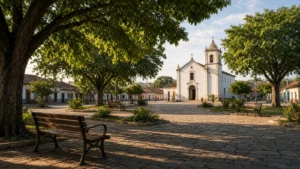 Praça arborizada de cidade do interior com igreja ao fundo