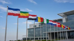 Fileira de bandeiras de vários países diante de prédio internacional